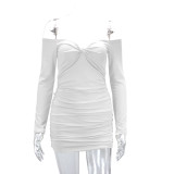 One Shoulder Long Sleeve Pleated Mini Dress YMYF-9213
