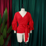 Sexy Tie Up Bubble Sleeve V-Neck Blouse GCZF-8620