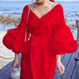 Sexy Tie Up Bubble Sleeve V-Neck Blouse GCZF-8620