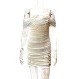 Off Shoulder Mesh Pleated Mini Dress YMYF-8908