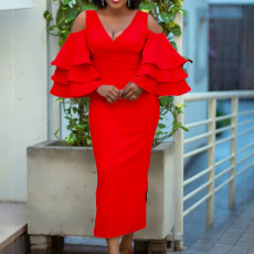 Plus Size V Neck Flare Sleeve Long Dress GCZF-8455