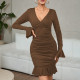 V Neck Ruffles Sleeve Pleated Mini Dress YMYF-9267