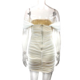 Off Shoulder Mesh Pleated Mini Dress YMYF-8908