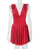 Sleeveless Deep V Neck Pleated Mini Dress YMYF-8219