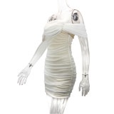 Off Shoulder Mesh Pleated Mini Dress YMYF-8908
