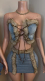 Plush Patchwork Bustier Tops And Skirts Denim 2 Piece Set YRST-T034