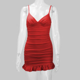 Solid Color V Neck Pleated Mini Dress YMYF-8216