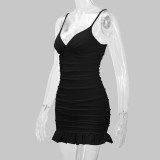 Solid Color V Neck Pleated Mini Dress YMYF-8216