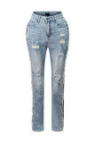 Print Color Block Denim Two Piece Pant Set YUMT-YMT410