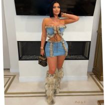 Plush Patchwork Bustier Tops And Skirts Denim 2 Piece Set YRST-T034