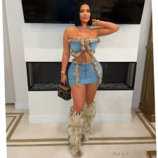 Plush Patchwork Bustier Tops And Skirts Denim 2 Piece Set YRST-T034