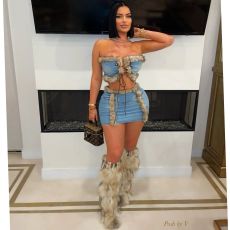 Plush Patchwork Bustier Tops And Skirts Denim 2 Piece Set YRST-T034