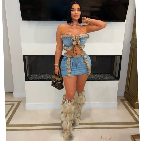 Plush Patchwork Bustier Tops And Skirts Denim 2 Piece Set YRST-T034