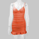 Solid Color V Neck Pleated Mini Dress YMYF-8216