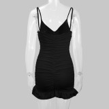 Solid Color V Neck Pleated Mini Dress YMYF-8216