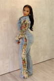 Print Color Block Denim Two Piece Pant Set YUMT-YMT410