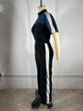 Denim Patchwork Color Block Two Piece Pants Set TE-4730