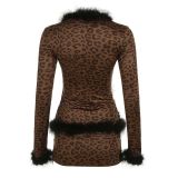 Pre Order: About 7 work days shipping Fur Patchwork Leopard Print Two Piece Skirts Set YUEM-2025200