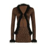 Pre Order: About 7 work days shipping Fur Patchwork Leopard Print Two Piece Skirts Set YUEM-2025200