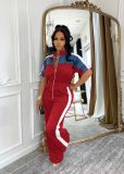 Denim Patchwork Color Block Two Piece Pants Set TE-4730