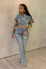 Print Color Block Denim Two Piece Pant Set YUMT-YMT410