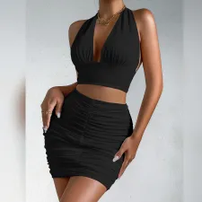 Sexy V Neck Halterneck Two Piece Skirts Set YMYF-9270