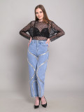 Rhinestone Spliced Wide Leg Jeans YRST-R110