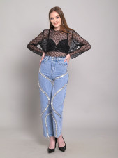 Rhinestone Spliced Wide Leg Jeans YRST-R110