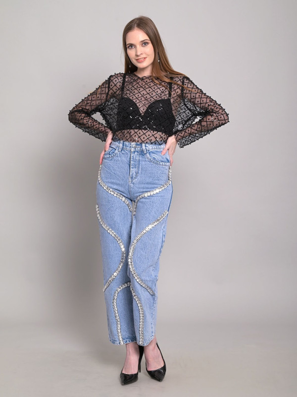 Rhinestone Spliced Wide Leg Jeans YRST-R110