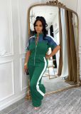 Denim Patchwork Color Block Two Piece Pants Set TE-4730