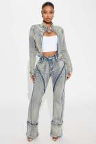 Fashion Wash Patchwork Denim Two Piece Pants Set YMEF-52065