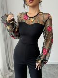 Mesh Embroidered Patchwork Skinny Jumpsuit GWDS-241210