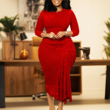 Plus Size Lace Patchwork 3/4 Sleeve Midi Dress GATE-D559