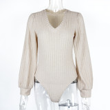Lantern Sleeve Knits V Neck Bodysuit GZJF-12003