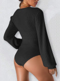 Lantern Sleeve Knits V Neck Bodysuit GZJF-12003