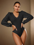 Lantern Sleeve Knits V Neck Bodysuit GZJF-12003