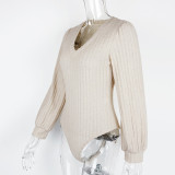 Lantern Sleeve Knits V Neck Bodysuit GZJF-12003