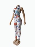 Plus Size Lapel Print Sleeveless Tops Two Piece Pants Set WUM-2415