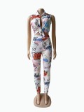 Plus Size Lapel Print Sleeveless Tops Two Piece Pants Set WUM-2415