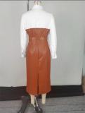PU Leather Belt Patchwork Blouse Long Sleeve Dress GXYY-8409