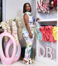 Plus Size Lapel Print Sleeveless Tops Two Piece Pants Set WUM-2415