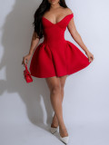 V Neck Off Shoulder Puffy Mini Dress AIL-309