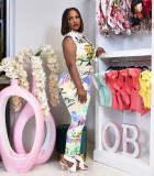 Plus Size Lapel Print Sleeveless Tops Two Piece Pants Set WUM-2415