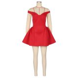 V Neck Off Shoulder Puffy Mini Dress AIL-309