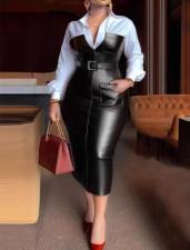 PU Leather Belt Patchwork Blouse Long Sleeve Dress GXYY-8409