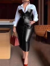 PU Leather Belt Patchwork Blouse Long Sleeve Dress GXYY-8409