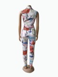 Plus Size Lapel Print Sleeveless Tops Two Piece Pants Set WUM-2415