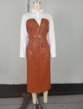 PU Leather Belt Patchwork Blouse Long Sleeve Dress GXYY-8409