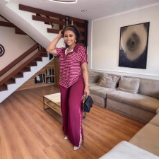 Stripe Print Short Sleeve Pants Loose Suit LS-0414