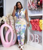 Plus Size Lapel Print Sleeveless Tops Two Piece Pants Set WUM-2415